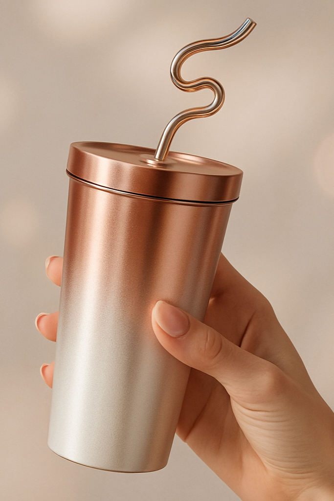 a women hand holding water tumbler with straw with fancy aesthetics