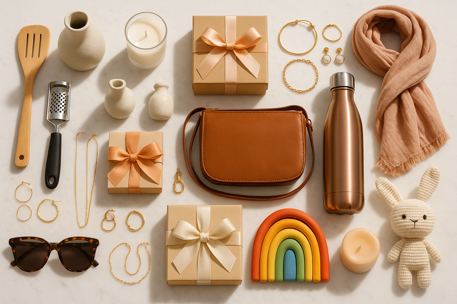 generate a image for myy store which includes small decor items and gifts, kitchen essentials, products for kids, immitation jewellery, accessories, metal bottles etc